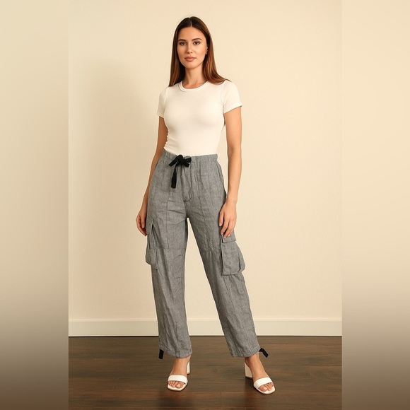 BDG Women’s Black Linen Blend Baggy Cargo Drawstring Pants Size M - Picture 1 of 9